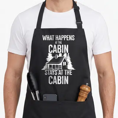 Happen camping apron - White distressed cabin illustration surrounded by trees with text What Happens At The Cabin — shown on a black cotton canvas apron against a white background