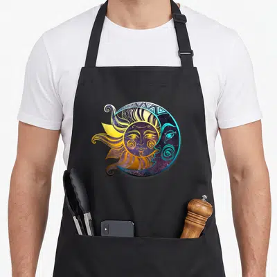 Live bohemian apron - Sun and moon cartoon faces overlapping in yellow orange purple blue bohemian art — shown on a black cotton canvas apron against a white background