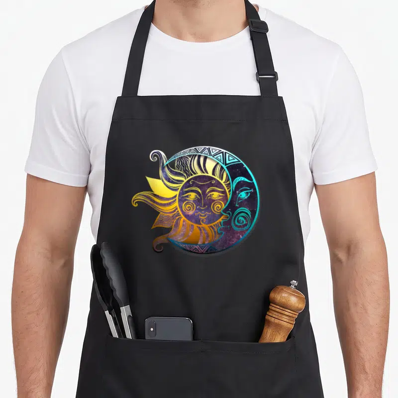 Live bohemian apron - Sun and moon cartoon faces overlapping in yellow orange purple blue bohemian art — shown on a black cotton canvas apron against a white background