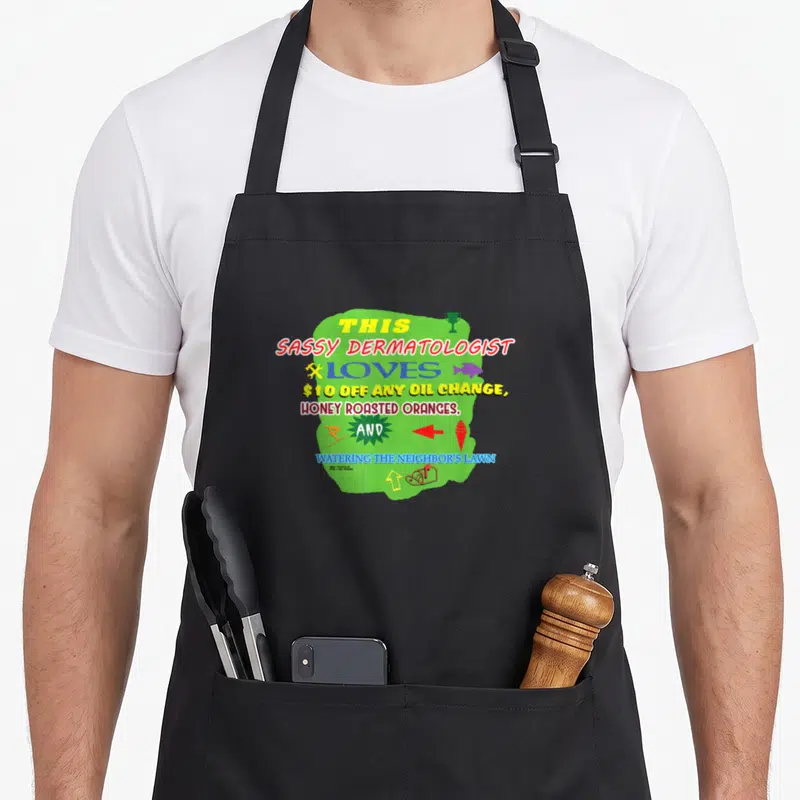 Dermatologist change apron - Stacked colorful text listing oil changes and lawn watering on green background with icons — shown on a black cotton canvas apron against a white background