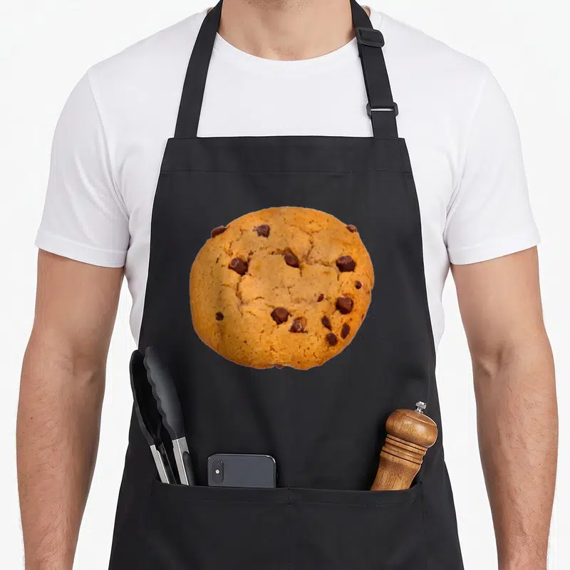 Chip cookie apron - Photo of a single golden brown chocolate chip cookie with dark brown morsels centered on fabric — shown on a black cotton canvas apron against a white background