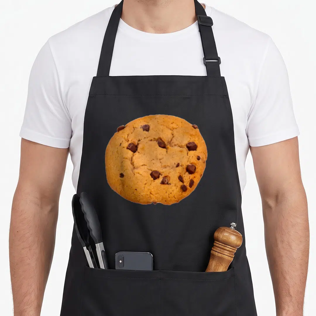 Chip cookie apron - Photo of a single golden brown chocolate chip cookie with dark brown morsels centered on fabric — shown on a black cotton canvas apron against a white background