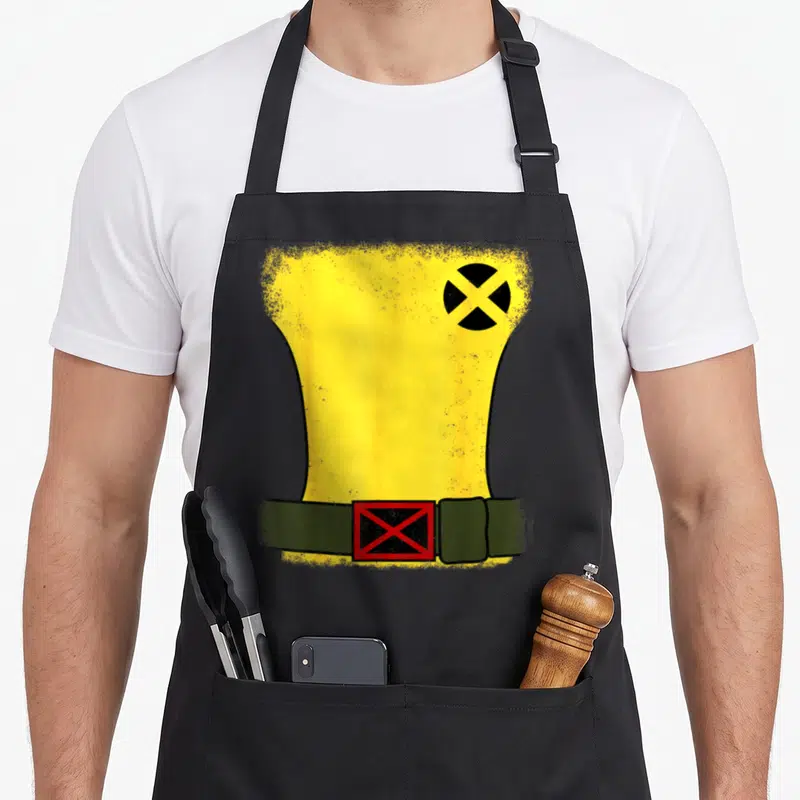 Rogue halloween white apron - Yellow torso shape with black circle and olive green belt with red buckle on black fabric — shown on a black cotton canvas apron against a white background