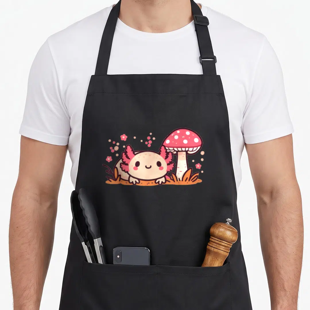 Axolotl cottage apron - Cartoon axolotl lying next to red mushroom with white spots and pink flowers — shown on a black cotton canvas apron against a white background