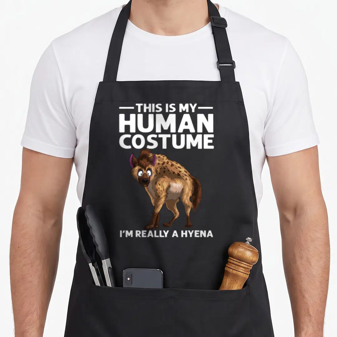 Tanzania animal apron - Cartoon hyena with text THIS IS MY HUMAN COSTUME I'M REALLY A HYENA — shown on a black cotton canvas apron against a white background