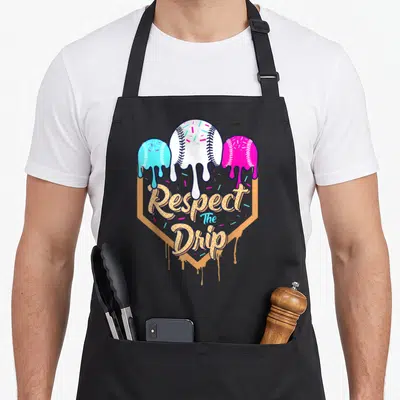 Waffle ice cream apron - Three melting baseballs on waffle shield with Respect The Drip text in gold blue pink white — shown on a black cotton canvas apron against a white background