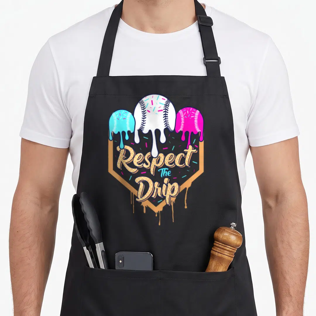 Waffle ice cream apron - Three melting baseballs on waffle shield with Respect The Drip text in gold blue pink white — shown on a black cotton canvas apron against a white background