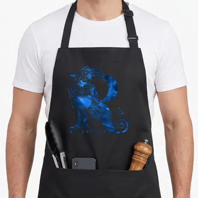 Funny ravenclaw apron - Blue stylized raven merged with large R and RAVENCLAW text in line art style — shown on a black cotton canvas apron against a white background