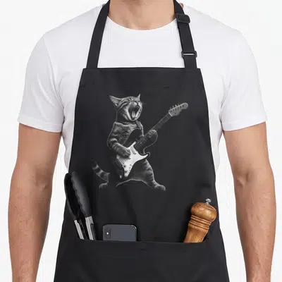 Playing cat apron - Realistic grey tabby cat standing and screaming while playing electric guitar — shown on a black cotton canvas apron against a white background