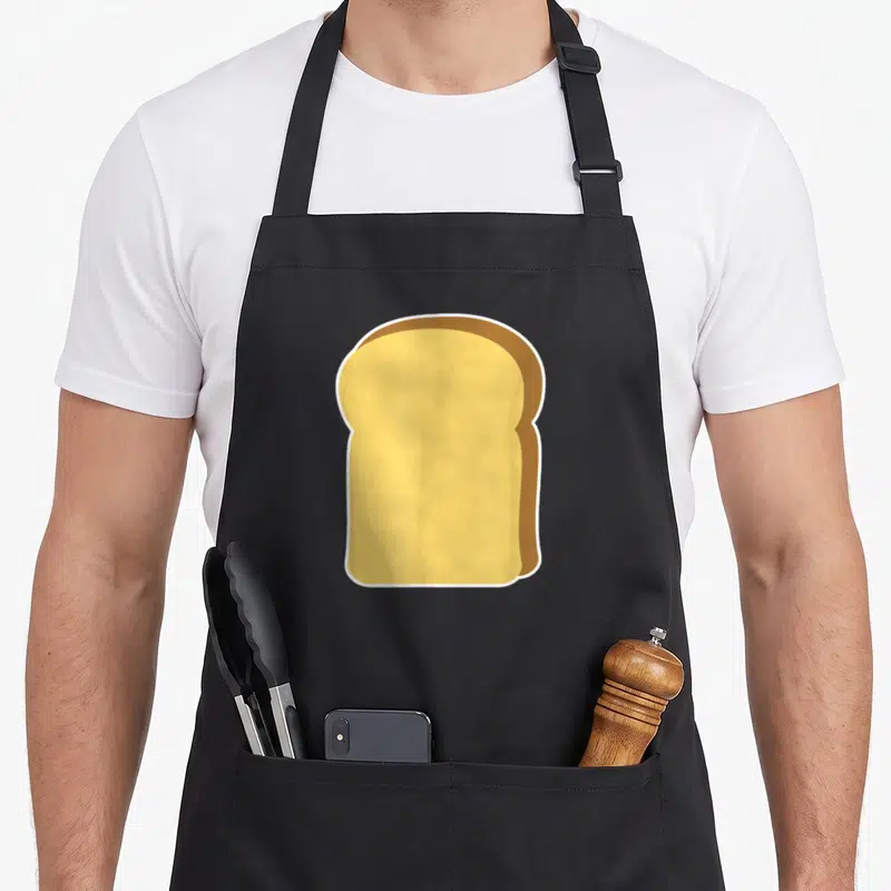 Cute toast apron - Cartoon slice of bread in yellow and brown with white outline on black background — shown on a black cotton canvas apron against a white background