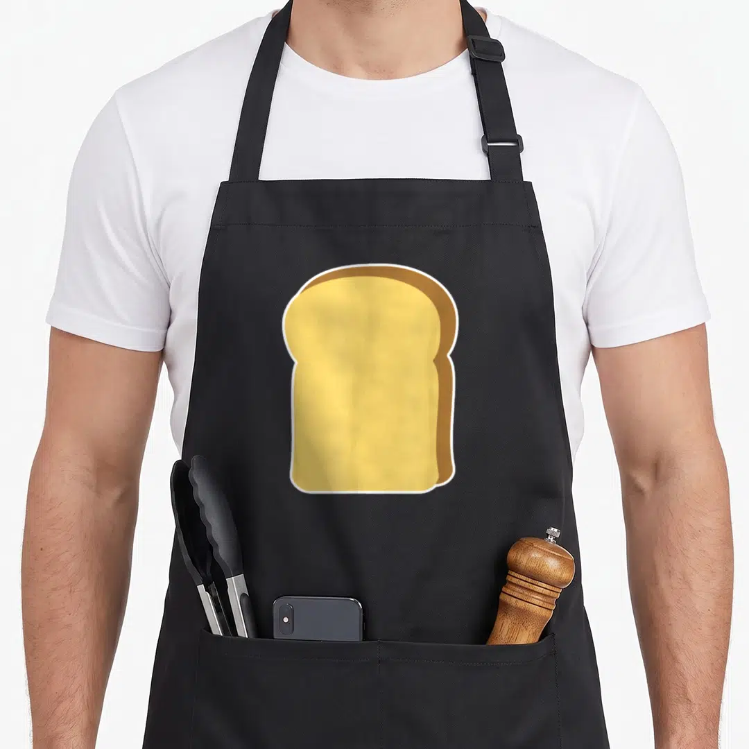 Cute toast apron - Cartoon slice of bread in yellow and brown with white outline on black background — shown on a black cotton canvas apron against a white background