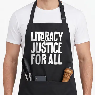 Funny literacy criminal justice apron - White stacked text reading LITERACY & JUSTICE FOR ALL — shown on a black cotton canvas apron against a white background