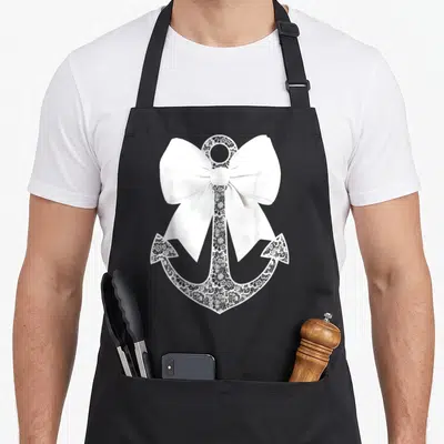 Bow lace apron - White lace anchor print with a large white fabric bow tied around the shaft — shown on a black cotton canvas apron against a white background