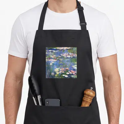 Monet white lily apron - Impressionist water lilies floating on blue and green pond water with pink and white flowers — shown on a black cotton canvas apron against a white background