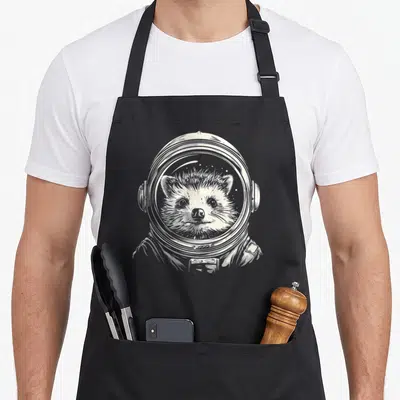 Astronaut hedgehog dad apron - White line-art raccoon head inside astronaut helmet with small stars visible — shown on a black cotton canvas apron against a white background