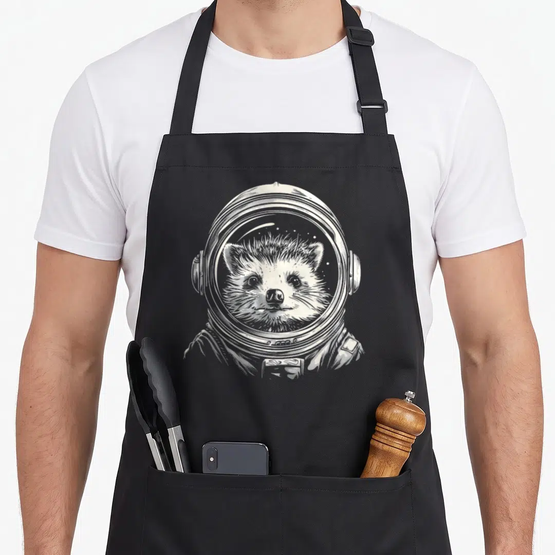 Astronaut hedgehog dad apron - White line-art raccoon head inside astronaut helmet with small stars visible — shown on a black cotton canvas apron against a white background
