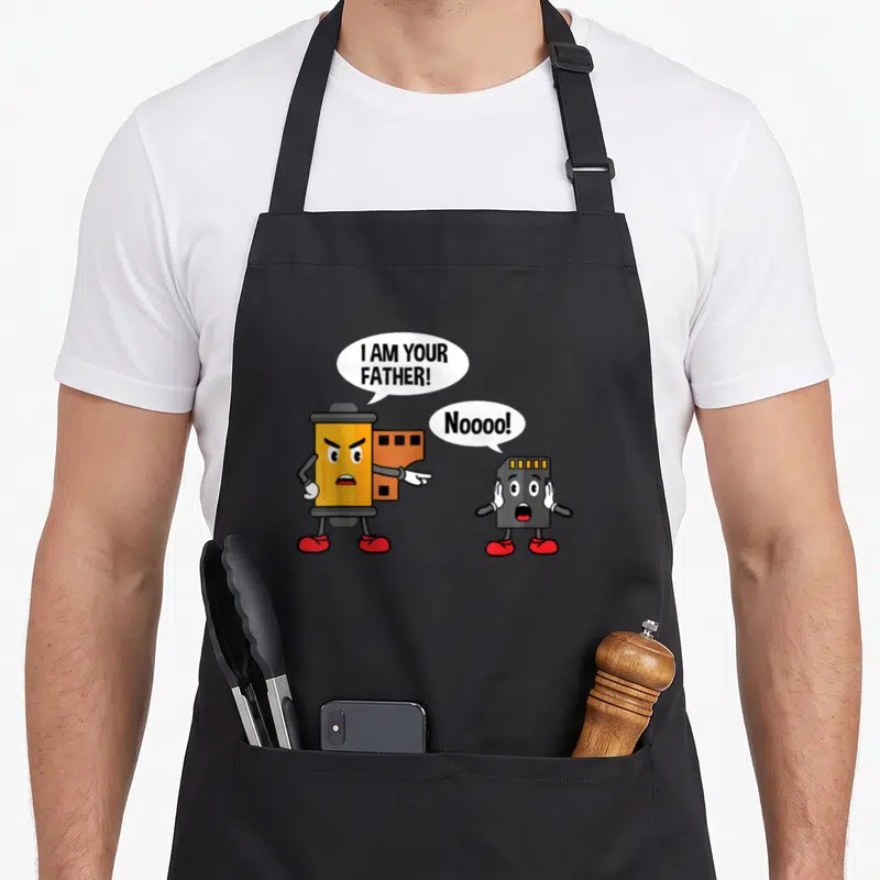 Analog photographer apron - Cartoon film canister telling SD card I AM YOUR FATHER! in yellow and red — shown on a black cotton canvas apron against a white background