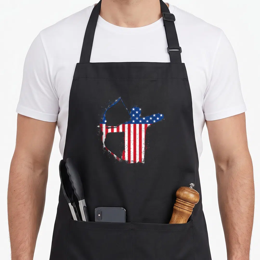Archer american flag apron - Distressed silhouette of an archer with a bow filled with blue, white, and red American — shown on a black cotton canvas apron against a white background