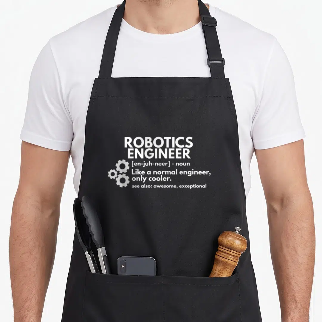Robotic definition engineer apron - White stacked text reading Robotics Engineer with three gear icons on left — shown on a black cotton canvas apron against a white background