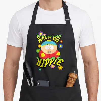 Screw hippie apron - Eric Cartman centered between SCREW YOU HIPPIE text with scattered yellow, green, red, and blue — shown on a black cotton canvas apron against a white background