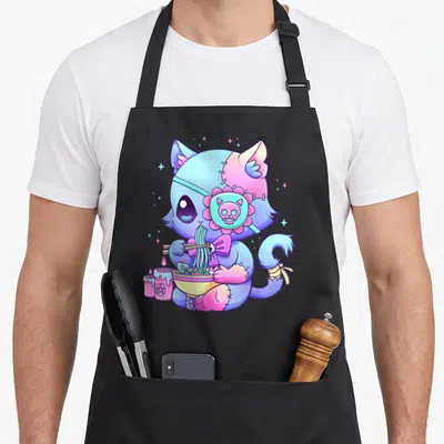 Pastel goth cat apron - Stitched blue and pink cat with skull patch holding chopsticks and noodle bowl beside candles — shown on a black cotton canvas apron against a white background