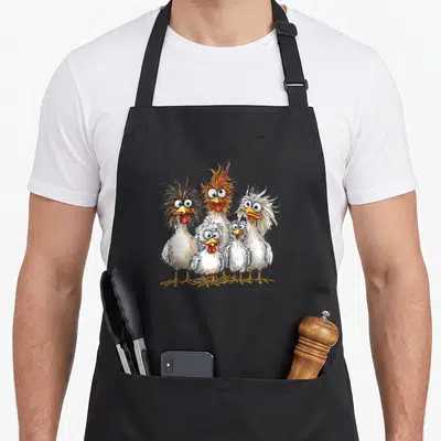 Eagerly colorful chicken apron - Five cartoon chickens in white, orange, and brown facing forward — shown on a black cotton canvas apron against a white background