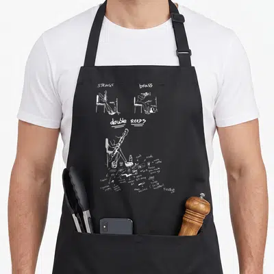 Fagotina bassoon apron - White line art comparing calm string and brass musicians to a cluttered double reed player — shown on a black cotton canvas apron against a white background