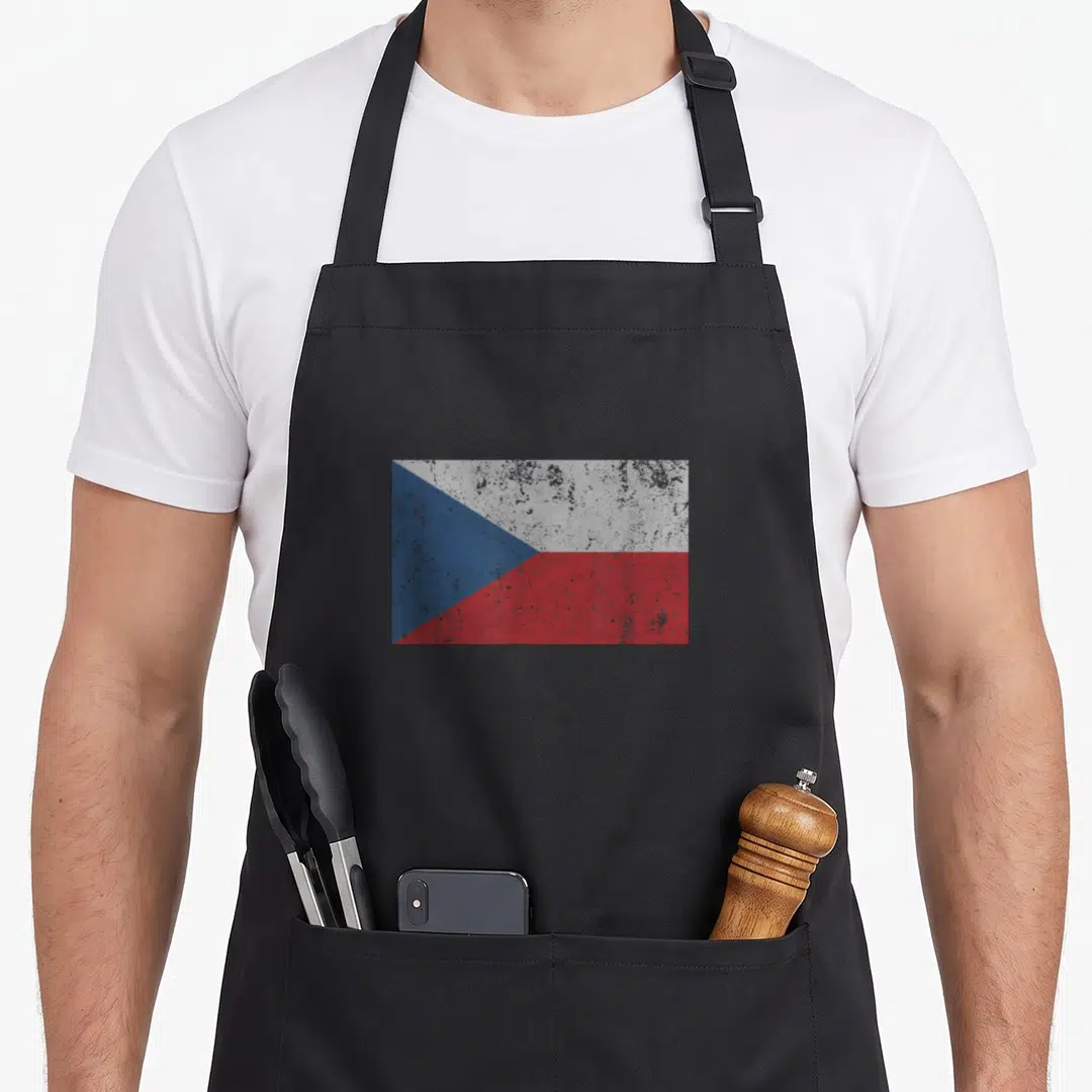 Republic czech apron - Distressed Czech Republic flag in blue white and red centered on apron front — shown on a black cotton canvas apron against a white background
