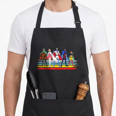 Battle stripe apron - Five superheroes in cartoon style standing over blue yellow and red stripes — shown on a black cotton canvas apron against a white background