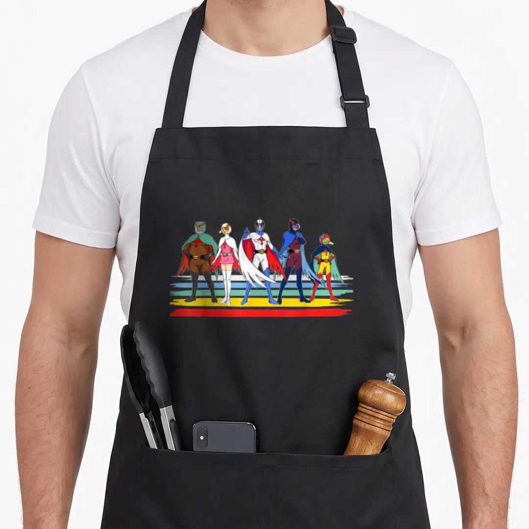 Battle stripe apron - Five superheroes in cartoon style standing over blue yellow and red stripes — shown on a black cotton canvas apron against a white background