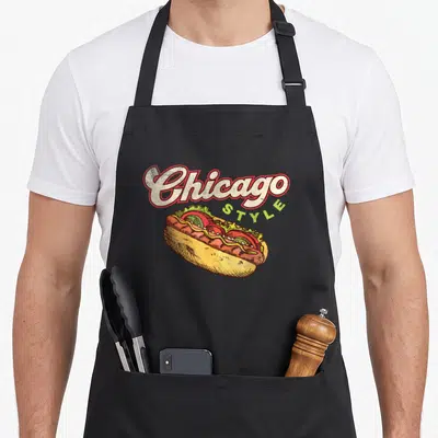 Hotdog hot dog apron - Distressed Chicago STYLE text over a loaded hot dog with tomatoes, relish, and mustard in red — shown on a black cotton canvas apron against a white background