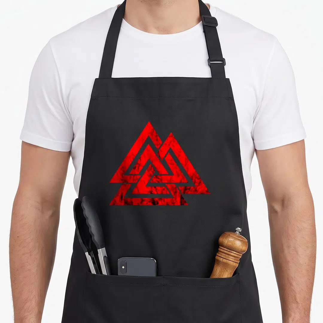 Valknut symbol viking apron - Red distressed Valknut symbol consisting of three interlocking triangles on a plain — shown on a black cotton canvas apron against a white background