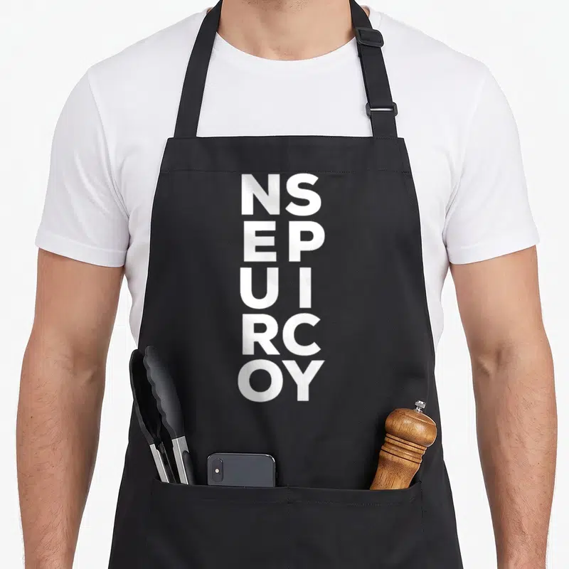 Spectrum neurodivergent apron - White vertical letter stack reading NS EP UI RC OY on grey background — shown on a black cotton canvas apron against a white background