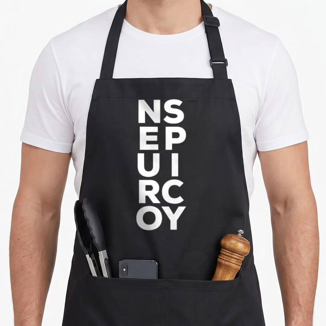 Spectrum neurodivergent apron - White vertical letter stack reading NS EP UI RC OY on grey background — shown on a black cotton canvas apron against a white background