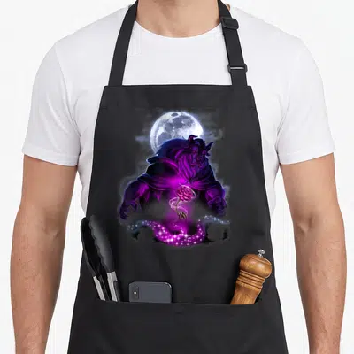 Moon rose apron - Beast holding glowing rose with moon and stars in purple and blue — shown on a black cotton canvas apron against a white background