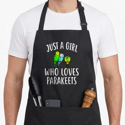 Funny crazy parakeet lady apron - Three cartoon parakeets on a branch with text JUST A GIRL WHO LOVES PARAKEETS — shown on a black cotton canvas apron against a white background