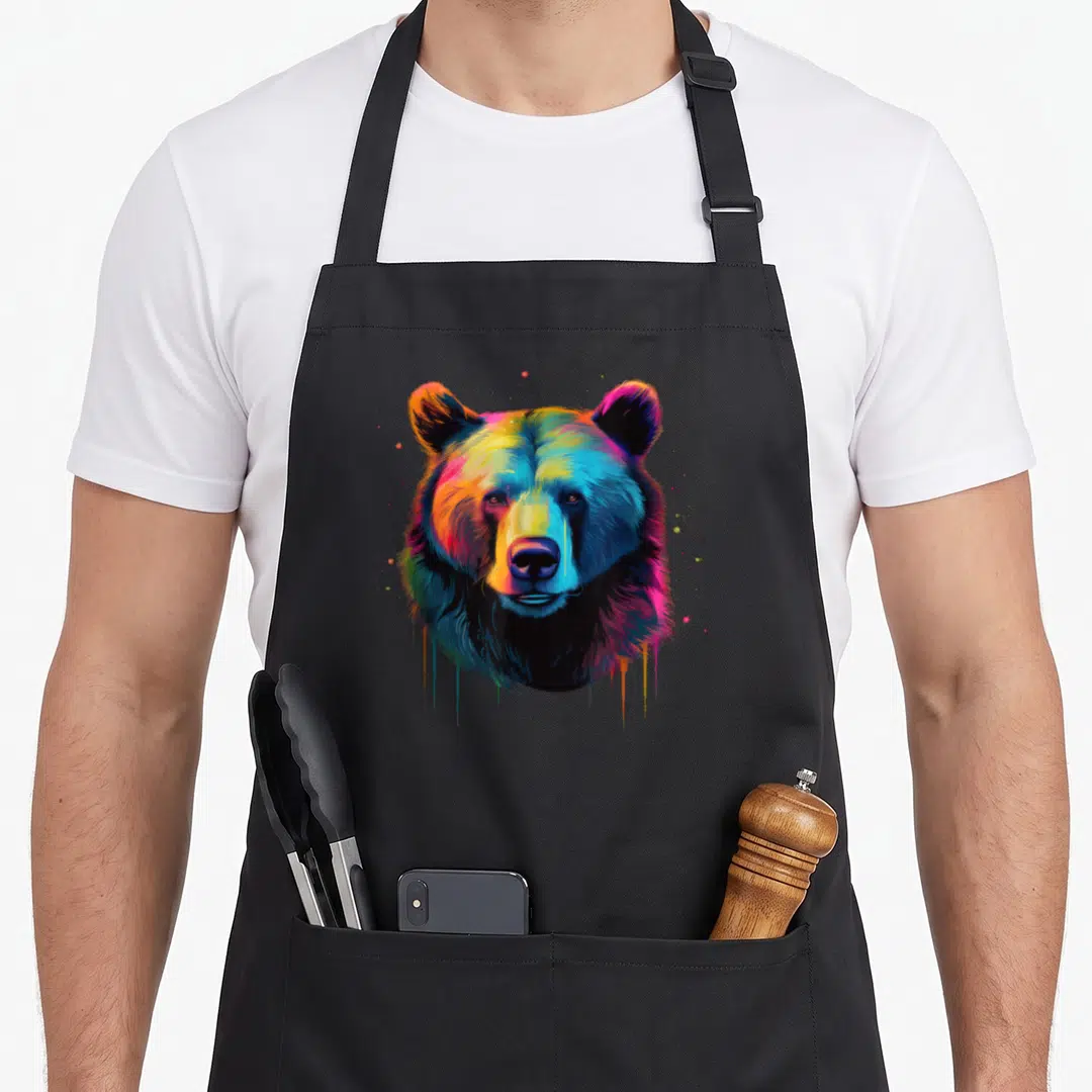 Pop bear apron - Rainbow colored bear head with paint drips and splatters in blue, red, yellow, magenta, cyan — shown on a black cotton canvas apron against a white background