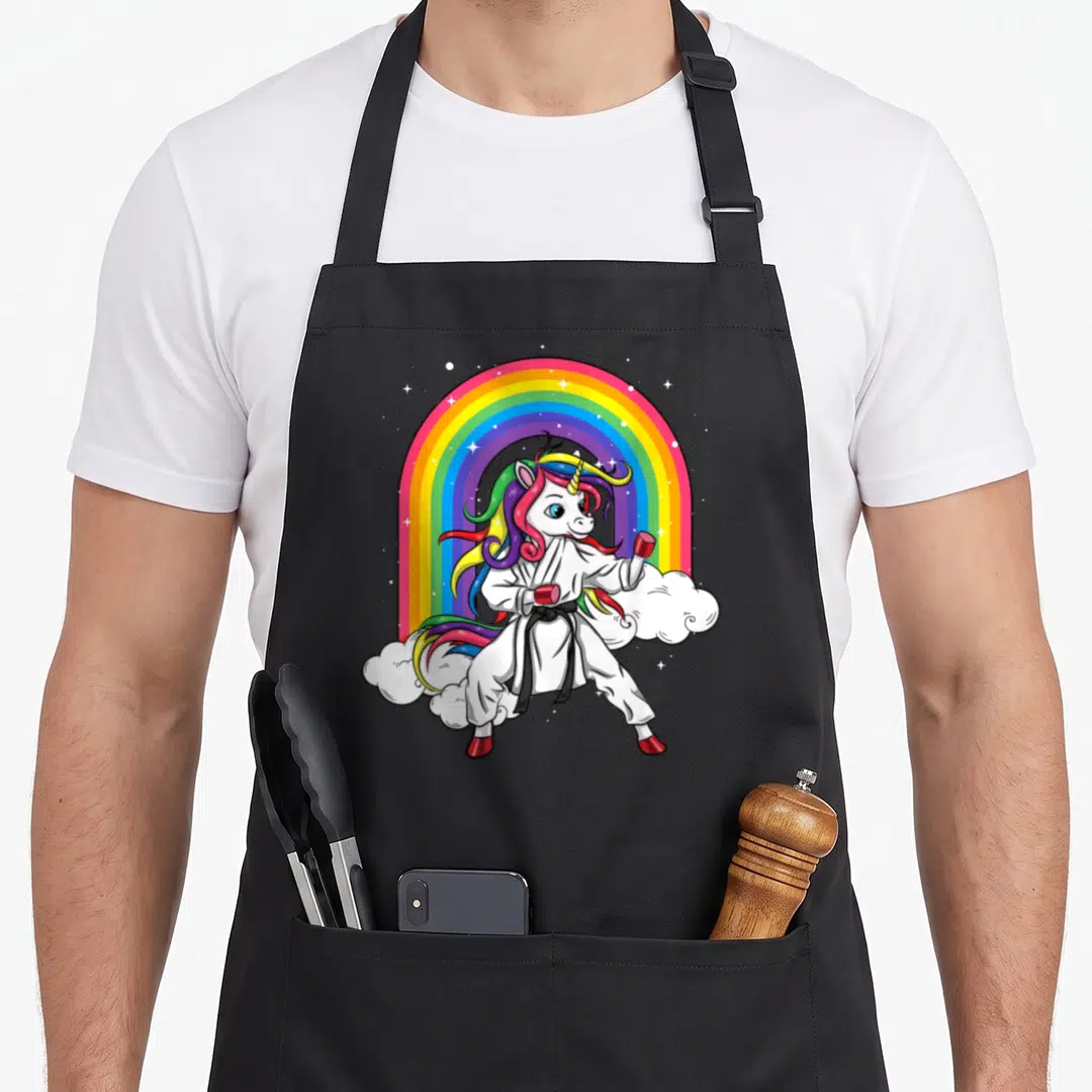Karate rainbow apron - Cartoon unicorn in white karate gi with black belt and red accents posing in front of a rainbow — shown on a black cotton canvas apron against a white background