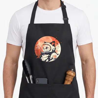 Space minimalist apron - Cat astronaut in orange circle with white kanji character on black fabric — shown on a black cotton canvas apron against a white background