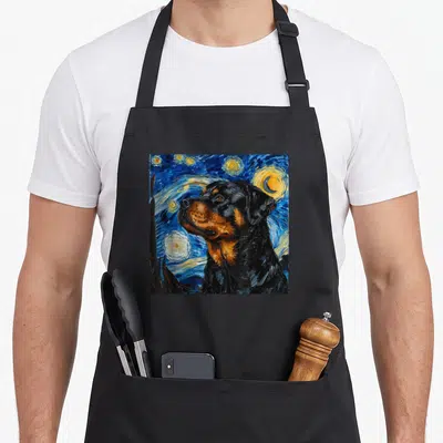Rottweiler van gogh apron - Realistic Rottweiler in blue yellow black Starry Night style with moon stars and cypress — shown on a black cotton canvas apron against a white background