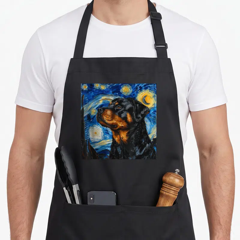 Rottweiler van gogh apron - Realistic Rottweiler in blue yellow black Starry Night style with moon stars and cypress — shown on a black cotton canvas apron against a white background