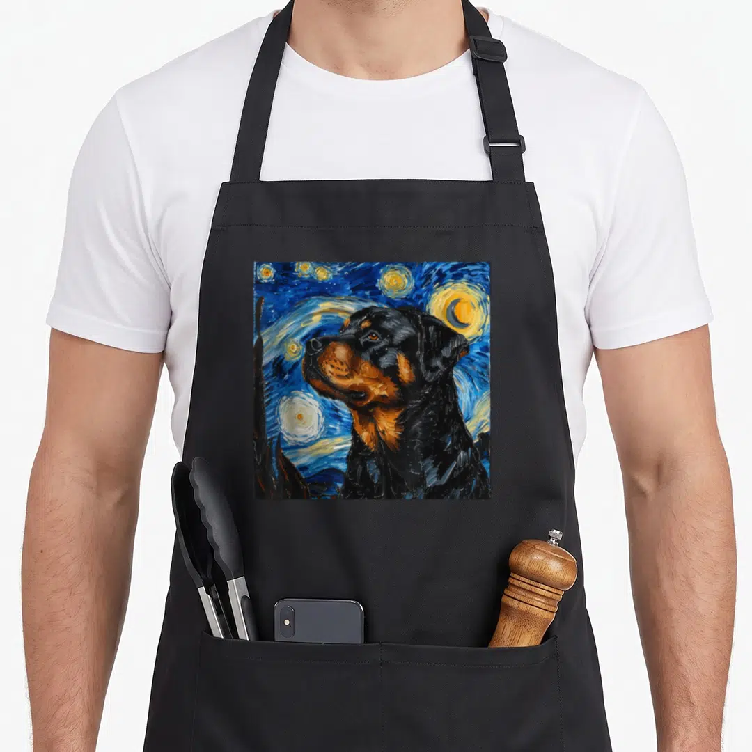 Rottweiler van gogh apron - Realistic Rottweiler in blue yellow black Starry Night style with moon stars and cypress — shown on a black cotton canvas apron against a white background
