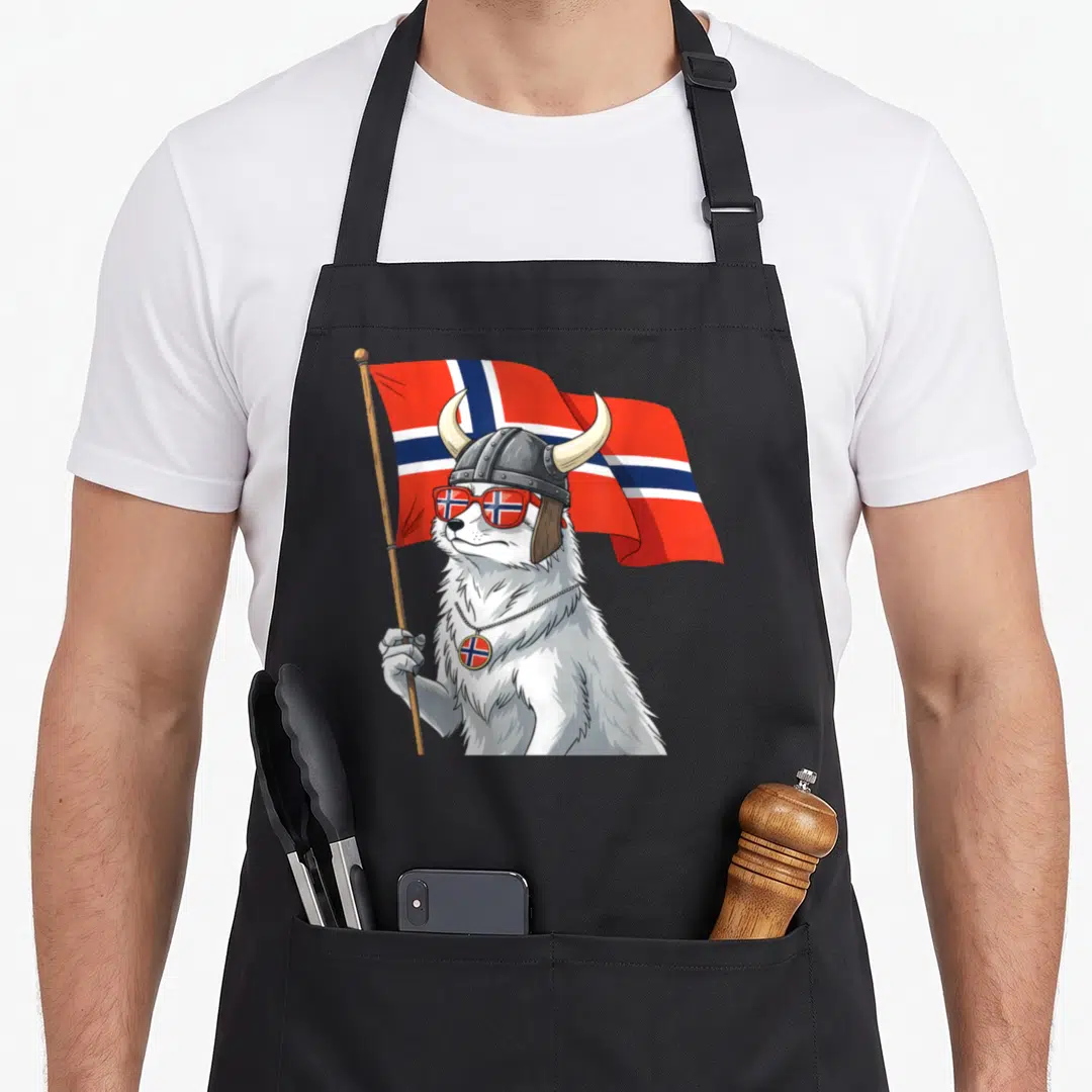 Norway flag norwegian kitchen aprons - Cartoon polar bear wearing viking helmet and sunglasses holding red white blue — shown on a black cotton canvas apron against a white background