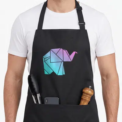 Origami japan apron - Geometric elephant in blue purple pink origami style — shown on a black cotton canvas apron against a white background