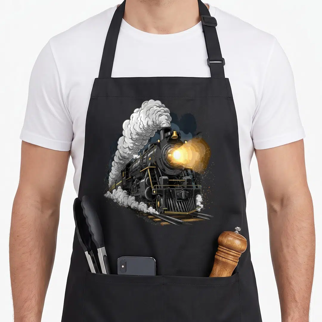 Funny engine steam locomotive apron - Cartoon black steam locomotive with gold trim, white smoke clouds, and bright — shown on a black cotton canvas apron against a white background