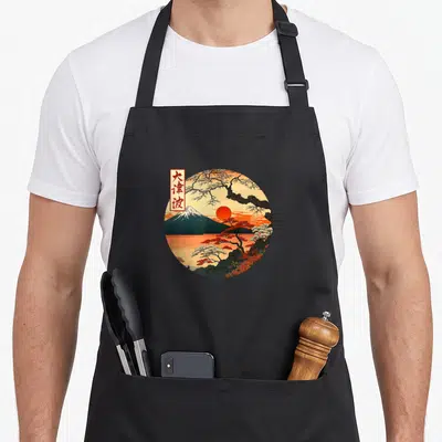 Sunset japan apron - Circular Mount Fuji landscape with red sun, pine trees, and vertical Kanji characters in orange — shown on a black cotton canvas apron against a white background