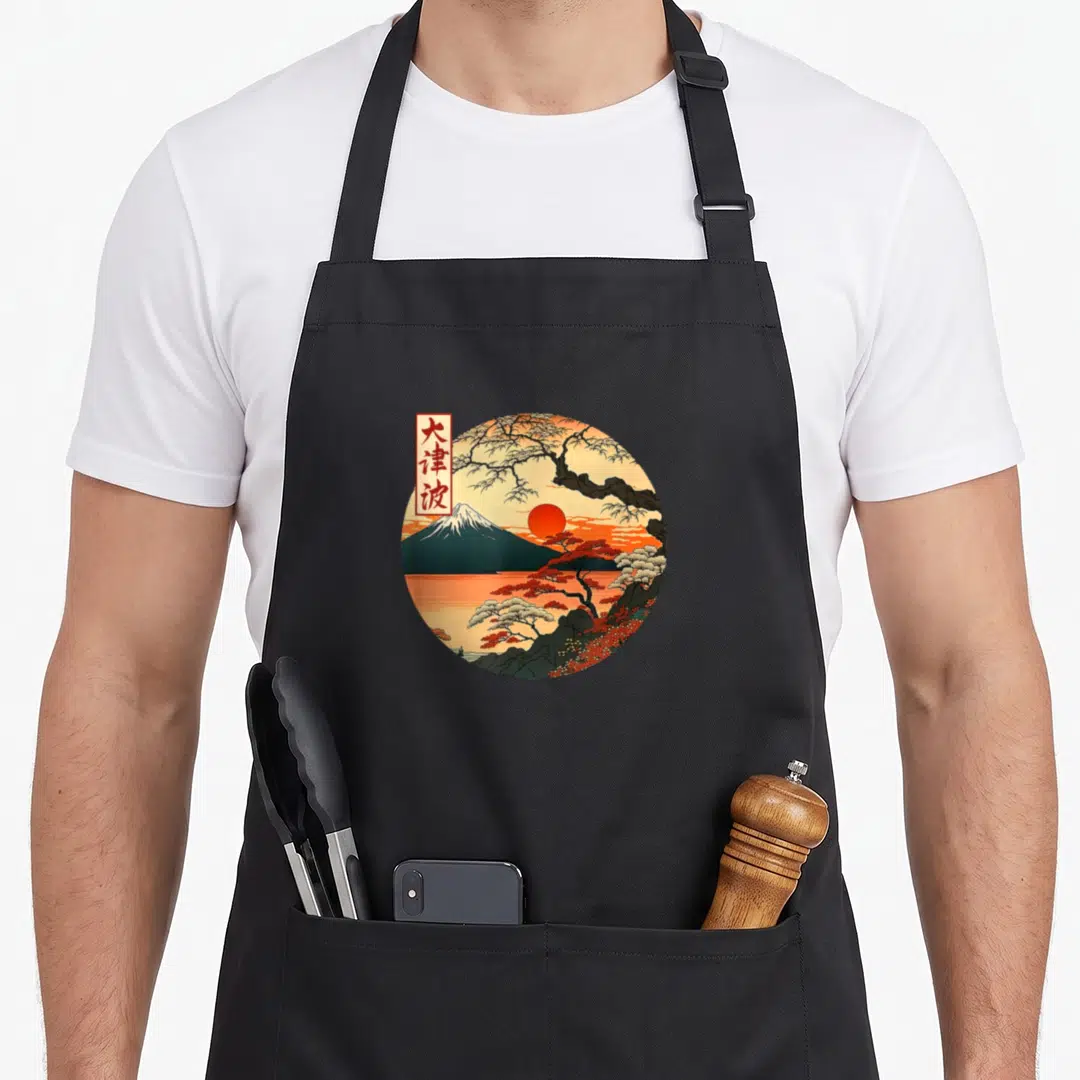 Sunset japan apron - Circular Mount Fuji landscape with red sun, pine trees, and vertical Kanji characters in orange — shown on a black cotton canvas apron against a white background