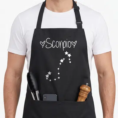 Star october birthday apron - White Scorpio text with two hearts and star constellation pattern — shown on a black cotton canvas apron against a white background