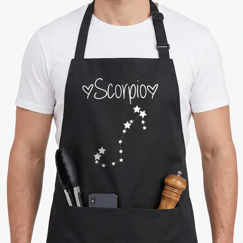 Star october birthday apron - White Scorpio text with two hearts and star constellation pattern — shown on a black cotton canvas apron against a white background
