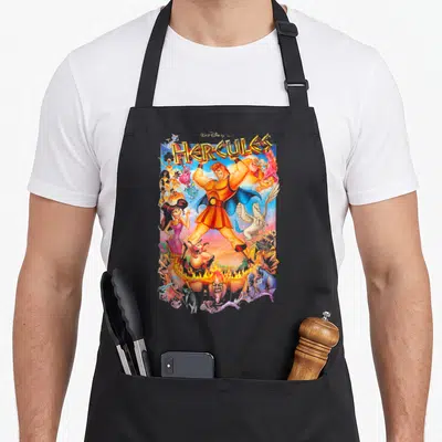 Poison apple apron - Hercules character surrounded by cast members with Hades at bottom in cartoon style — shown on a black cotton canvas apron against a white background